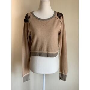 Free People Embellished Beaded Cropped Sweatshirt Raglan Bohochic XS Beige Tan